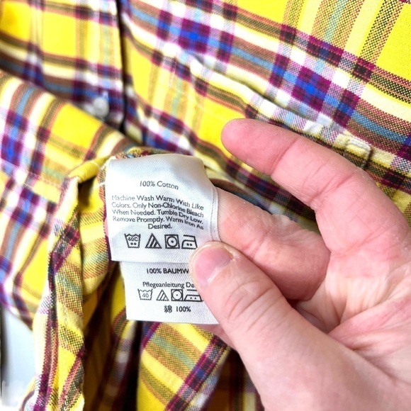 Y2K Eddie Bauer Rustic Plaid Yellow Purple Plaid Flannel Button Shirt Medium - Picture 8 of 13